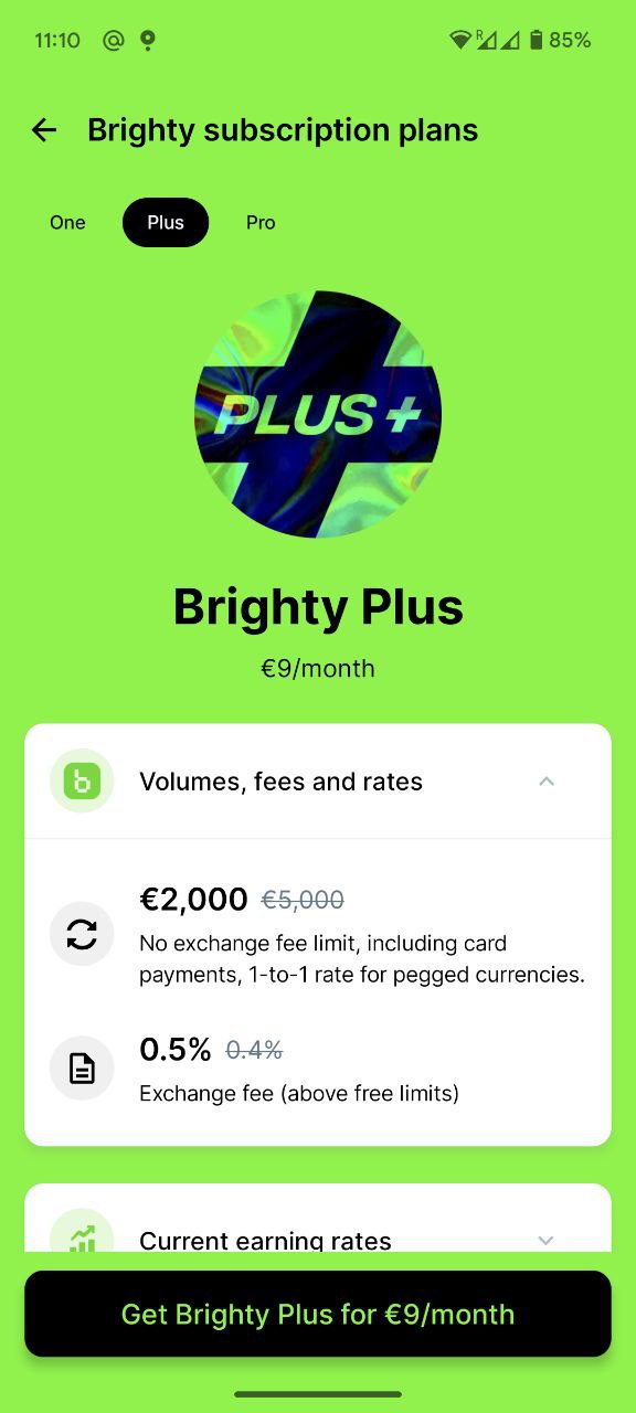 Brighty subscription plans — Plus 9 EUR/month: 2000 EUR exchange-fee-free, 0.5% above limit