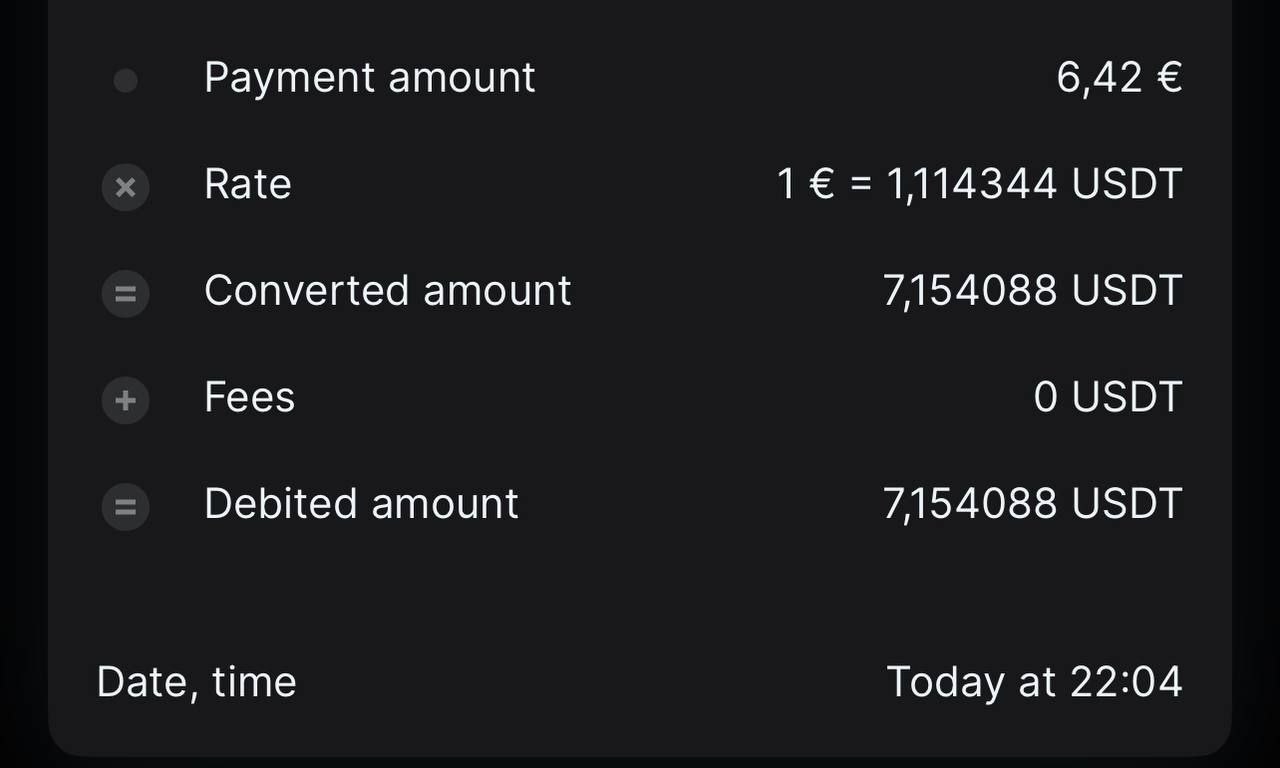 Brighty: Payment 6.42 EUR → 7.154088 USDT, rate 1 EUR = 1.114344 USDT, fees 0