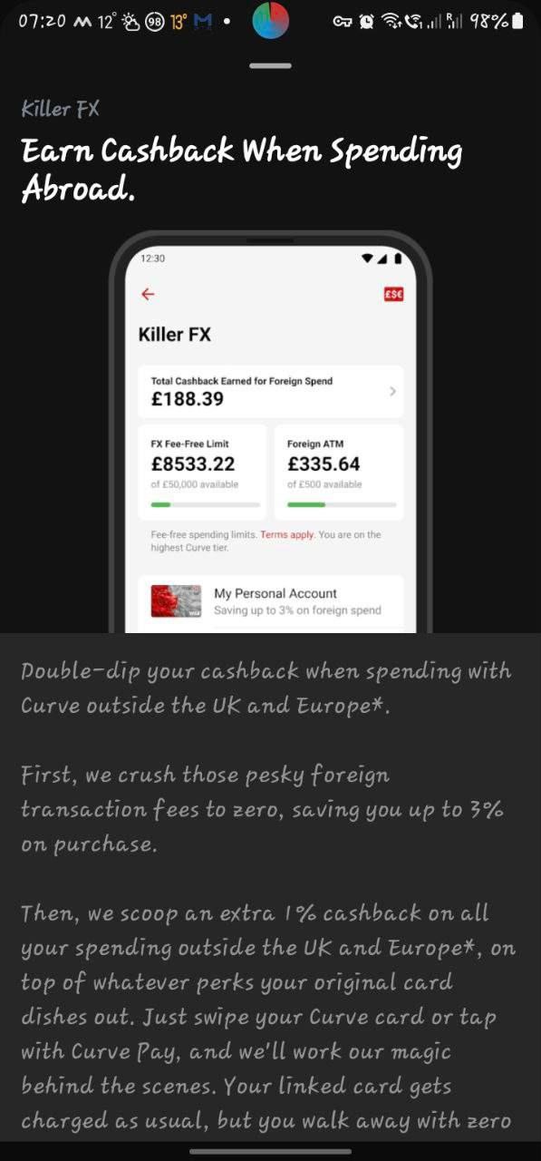 Curve "Killer FX": Earn Cashback When Spending Abroad — Total Cashback Earned £188.39, FX Fee-Free Limit £8 533.22 of £50 000, Foreign ATM £335.64 of £500, Saving up to 3% on foreign spend