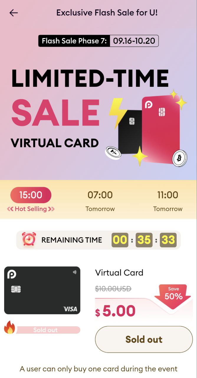 RedotPay Exclusive Flash Sale Phase 7 (09.16-10.20): Limited-Time Sale Virtual Card $5.00 instead of $10.00 (Save 50%); Sold out at the moment