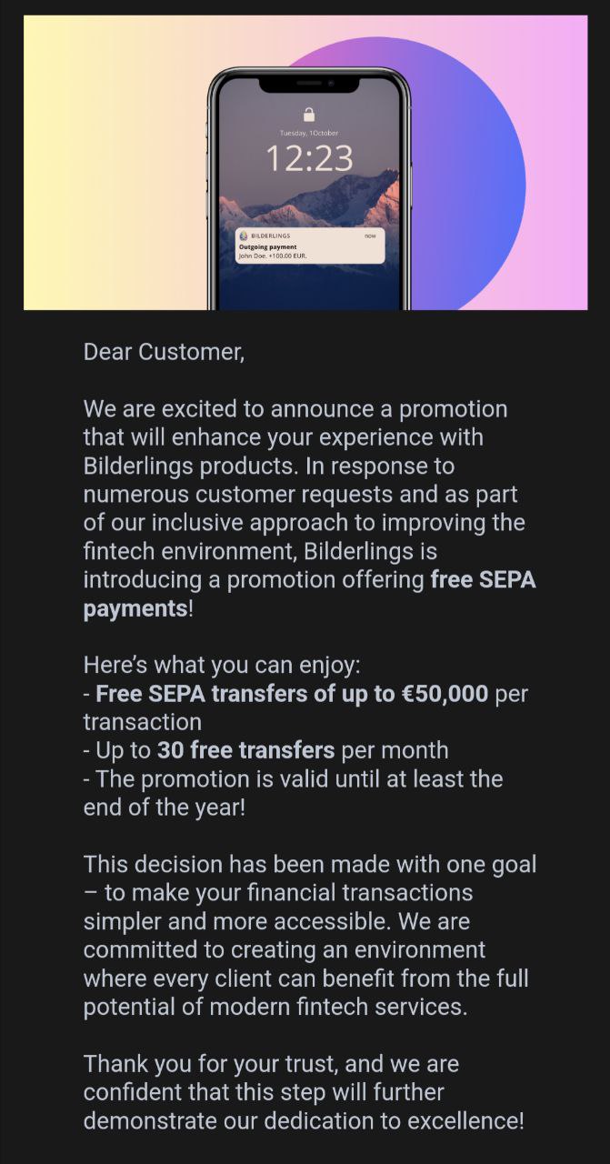 Bilderlings: free SEPA transfers up to €50 000 per transaction, up to 30 free transfers per month, valid at least until end of year