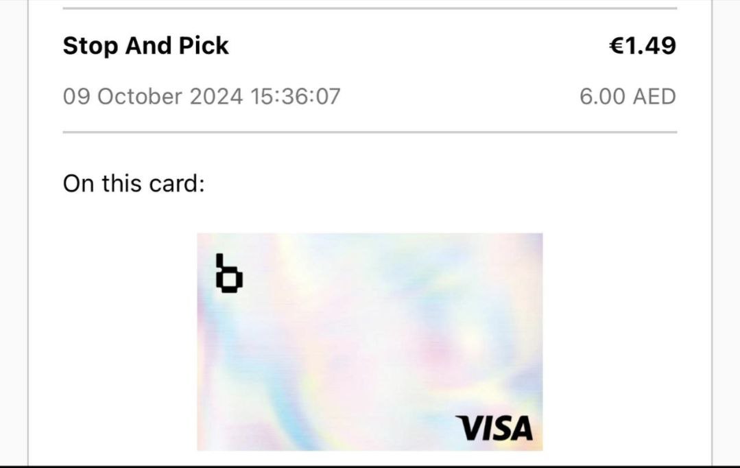 Brighty: транзакция «Stop And Pick» 09 October 2024 15:36:07 — €1.49 / 6.00 AED, на карте Brighty Visa