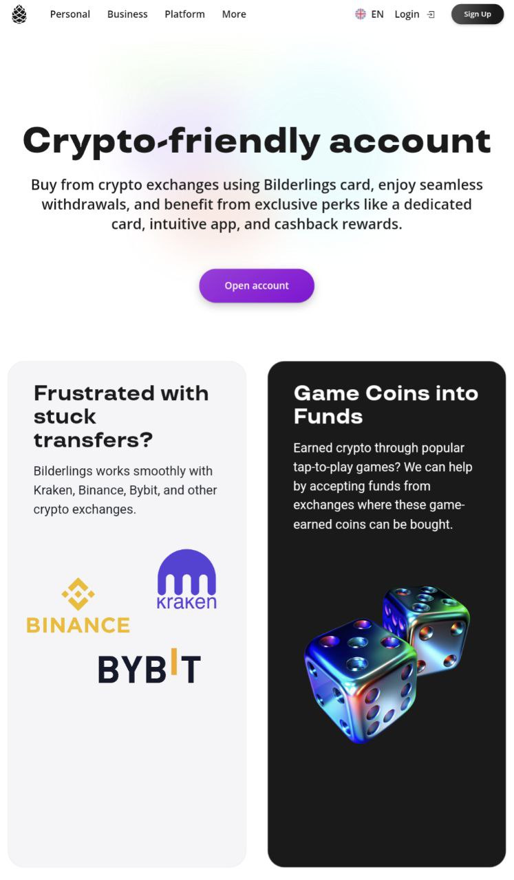 Bilderlings landing «Crypto-friendly account»: works with Kraken, Binance, Bybit; «Game Coins into Funds» — приём средств с бирж, где обмениваются монеты из tap-to-play игр