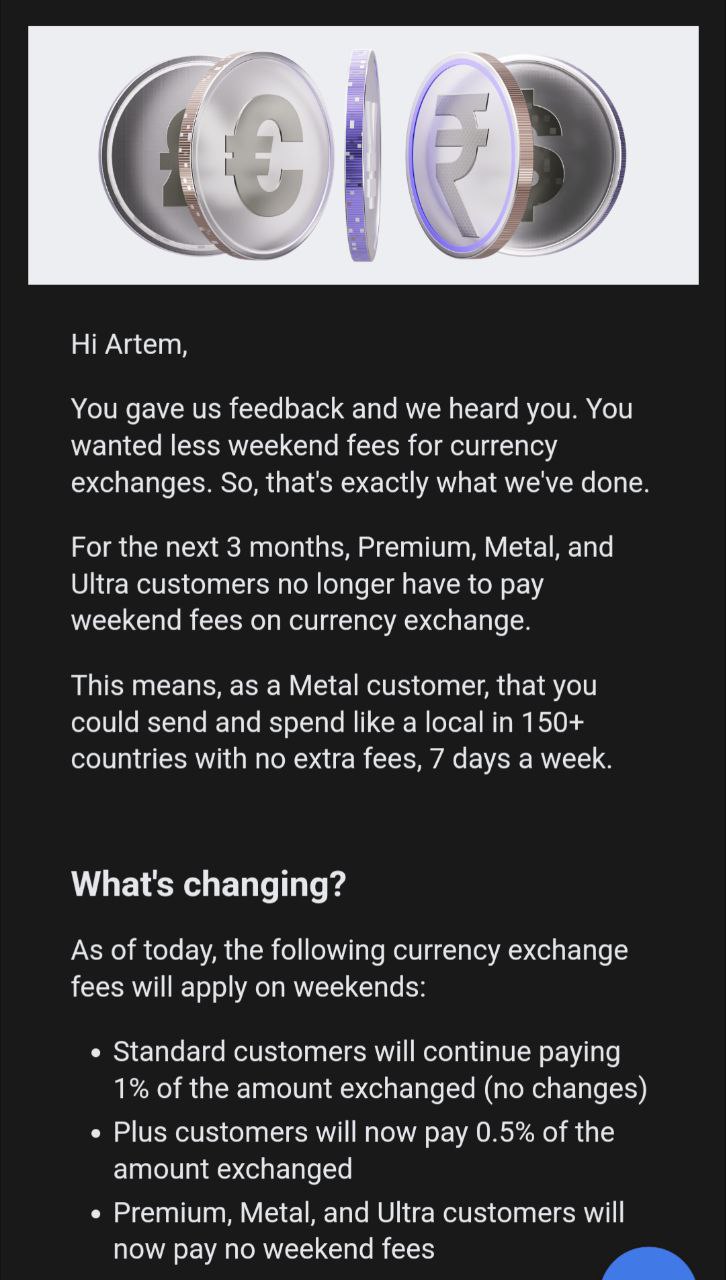 Revolut: weekend FX promo — Premium/Metal/Ultra без комиссии 3 месяца, Plus 0.5%, Standard 1%