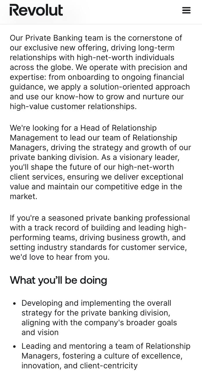 Revolut Private Banking head-of-relationship-management vacancy news