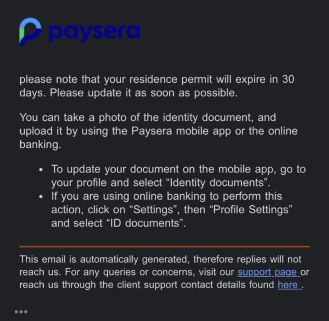 Paysera doc renewal alert