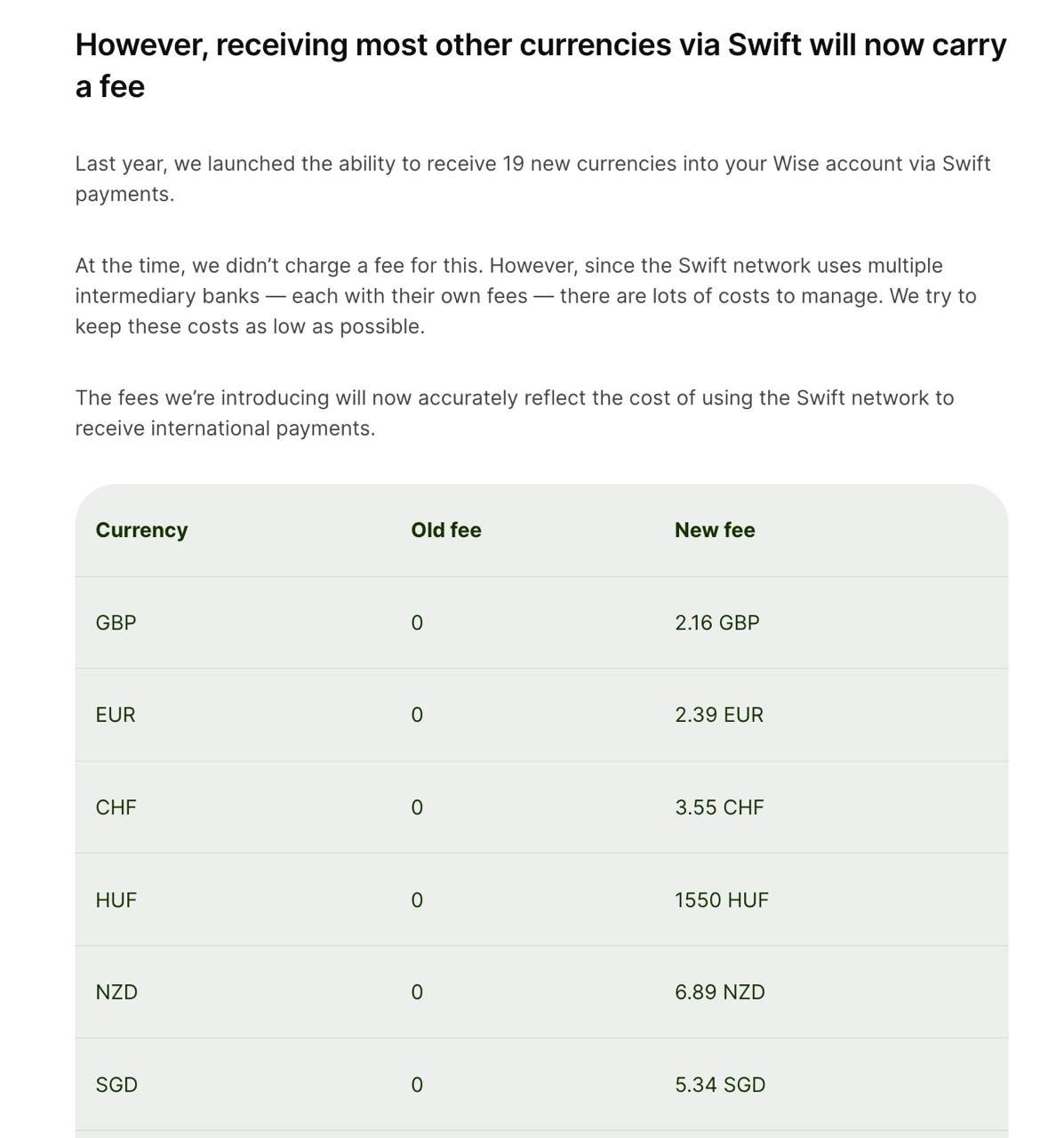Wise fee review summary