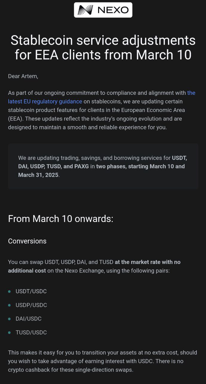 Nexo MiCA USDT removal