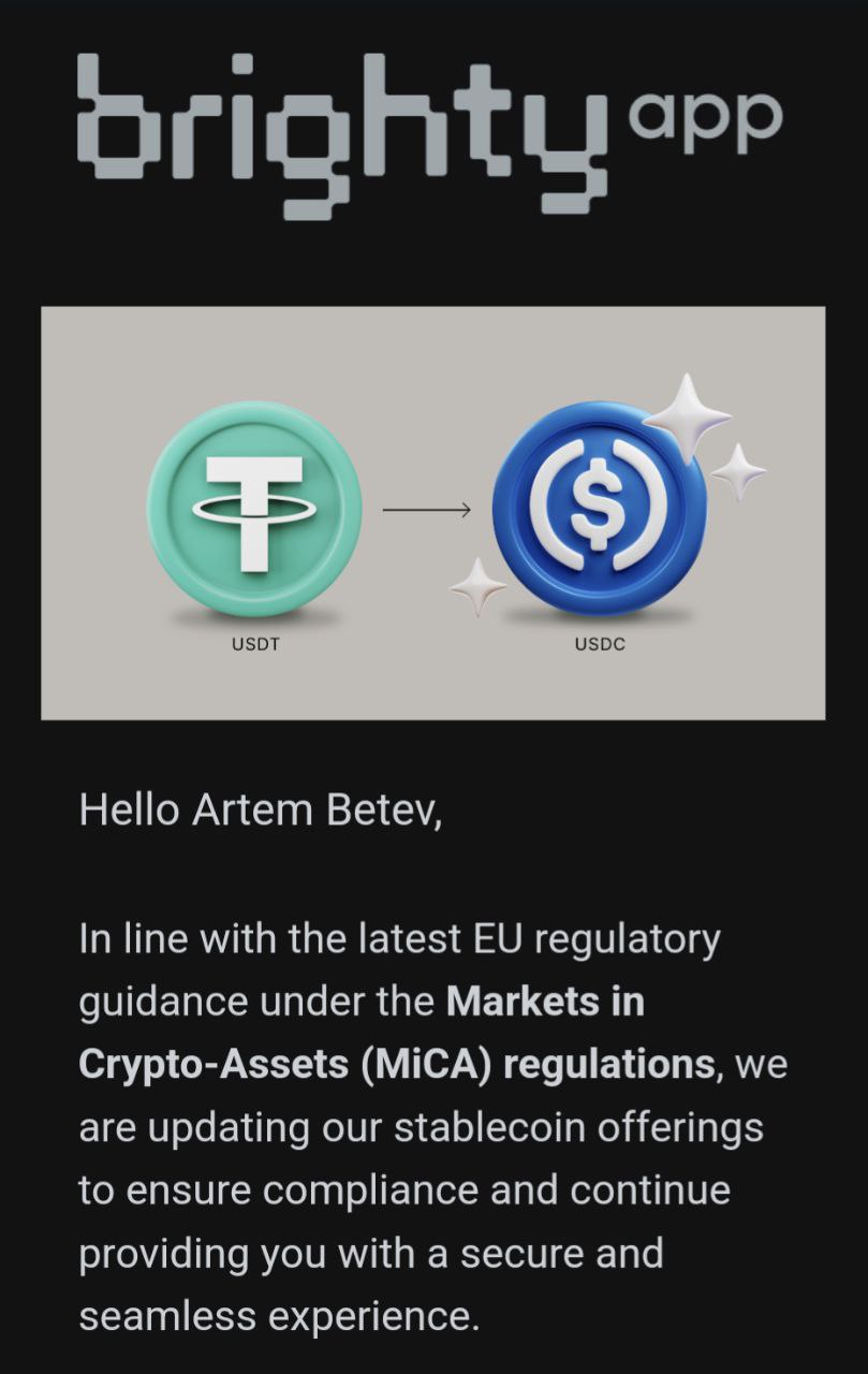 Brighty MiCA USDT removal